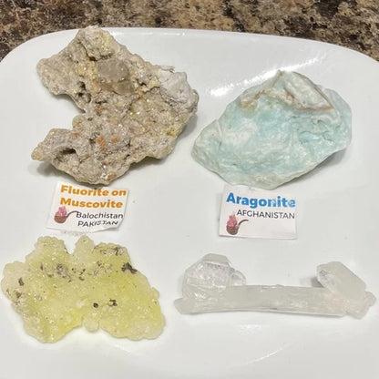 Lot Of 4 Crystals From PAKISTAN Brucite Aragonite Quartz Fluorite Mica