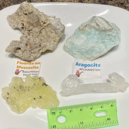 Lot Of 4 Crystals From PAKISTAN Brucite Aragonite Quartz Fluorite Mica