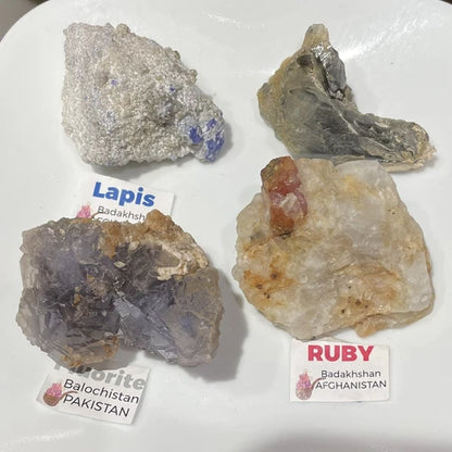 Lot Of 4 Crystals From PAKISTAN & AFGHANISTAN Ruby Fluorite Quartz Lazurite